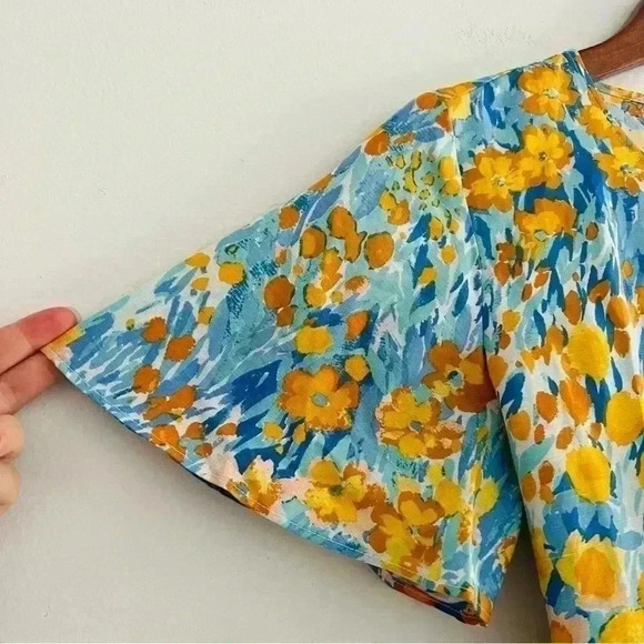New J. McLaughlin Yellow Blue Floral Blouse Top Linen Blend - Picture 7 of 15